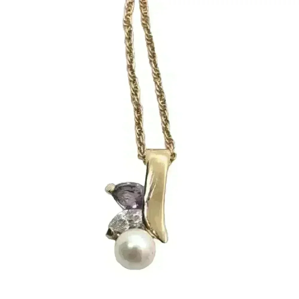 Gold Necklace Genuine Pearl & Amethyst 10k Electroplate CZ Accent Pendant